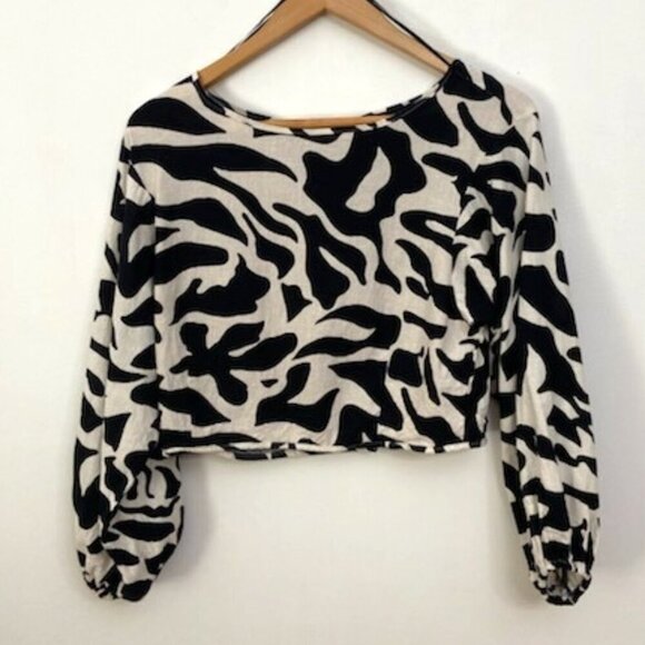 Rachel Zoe Linen Blend Crop Top Sz XS Black & Tan Animal Print Floral Abstract - Picture 1 of 5